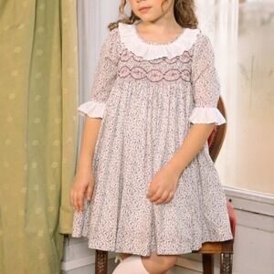 Antoinette Paris Girls Isadora Floral Hand Smocked Dress Pink Bow Size 5